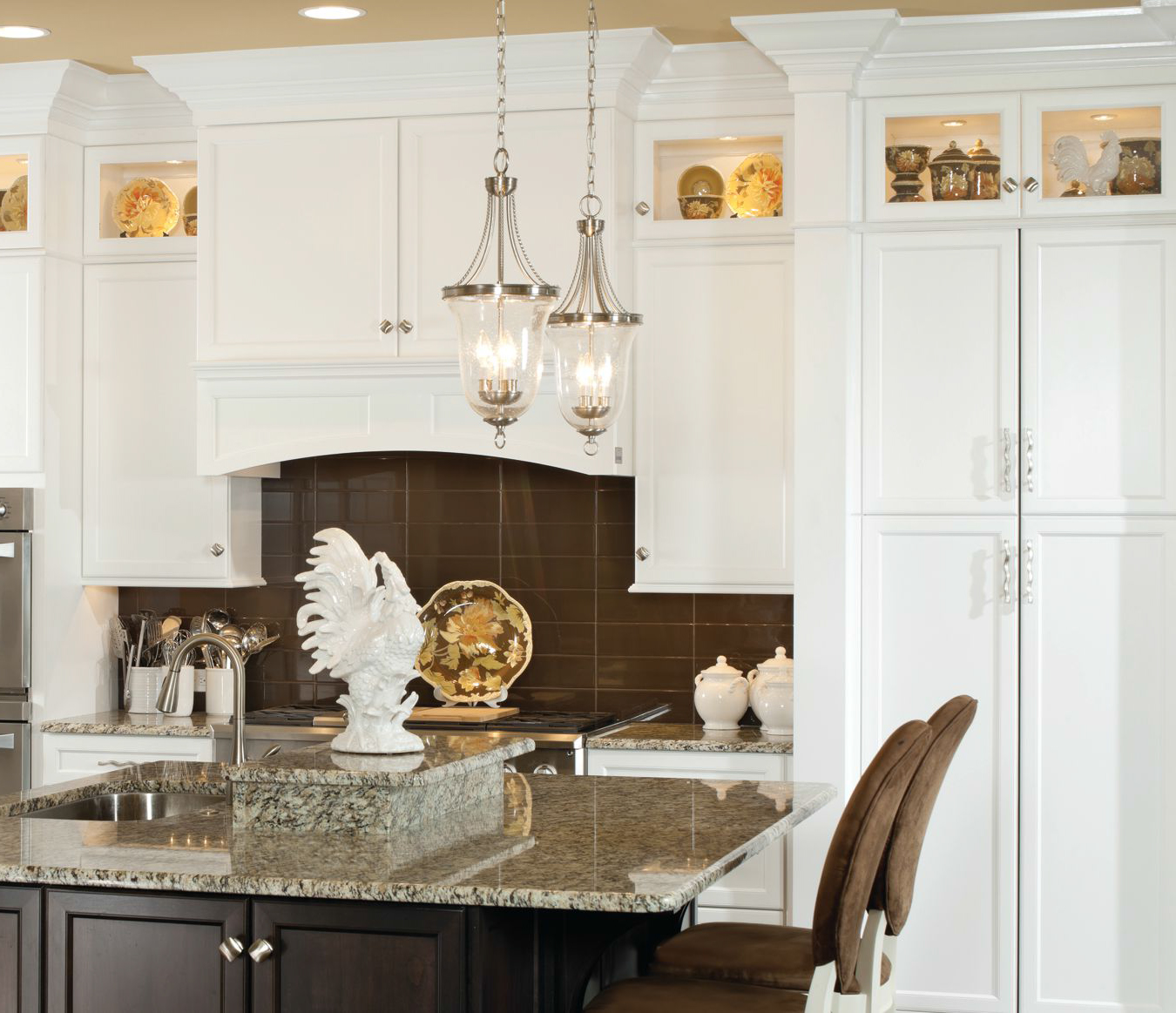 Custom kitchen cabinetry with island seating and display storage